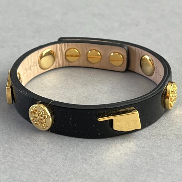 Rustic Cuff OKLAHOMA Black Patent Leather Gold Logo Leather Bracelet - Picture 2 of 3